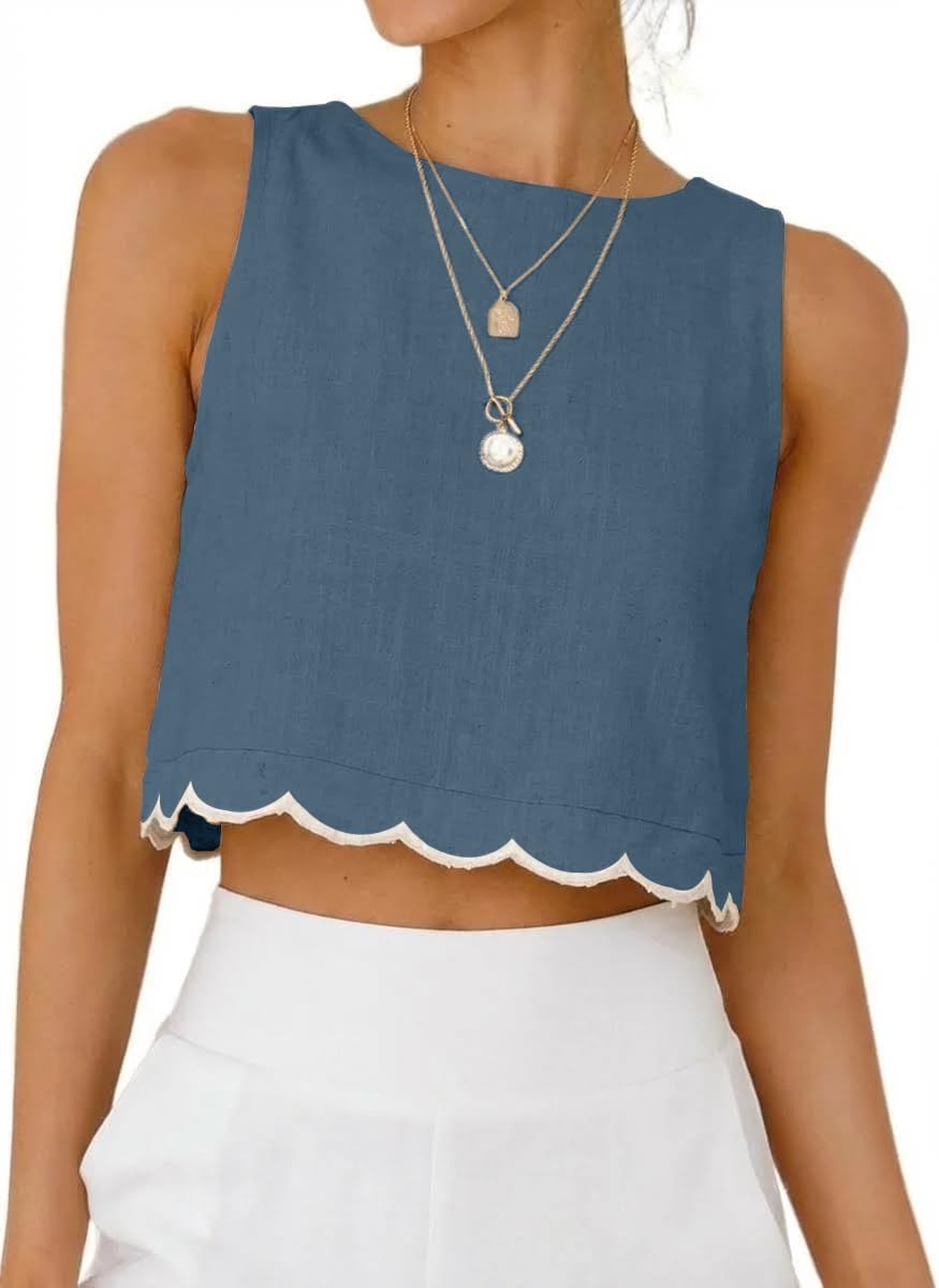 IDEALSANXUN Womens High Neck Linen Tank Tops Spring Summer Scallop Hem Cropped Sleeveless Shirts Blouses