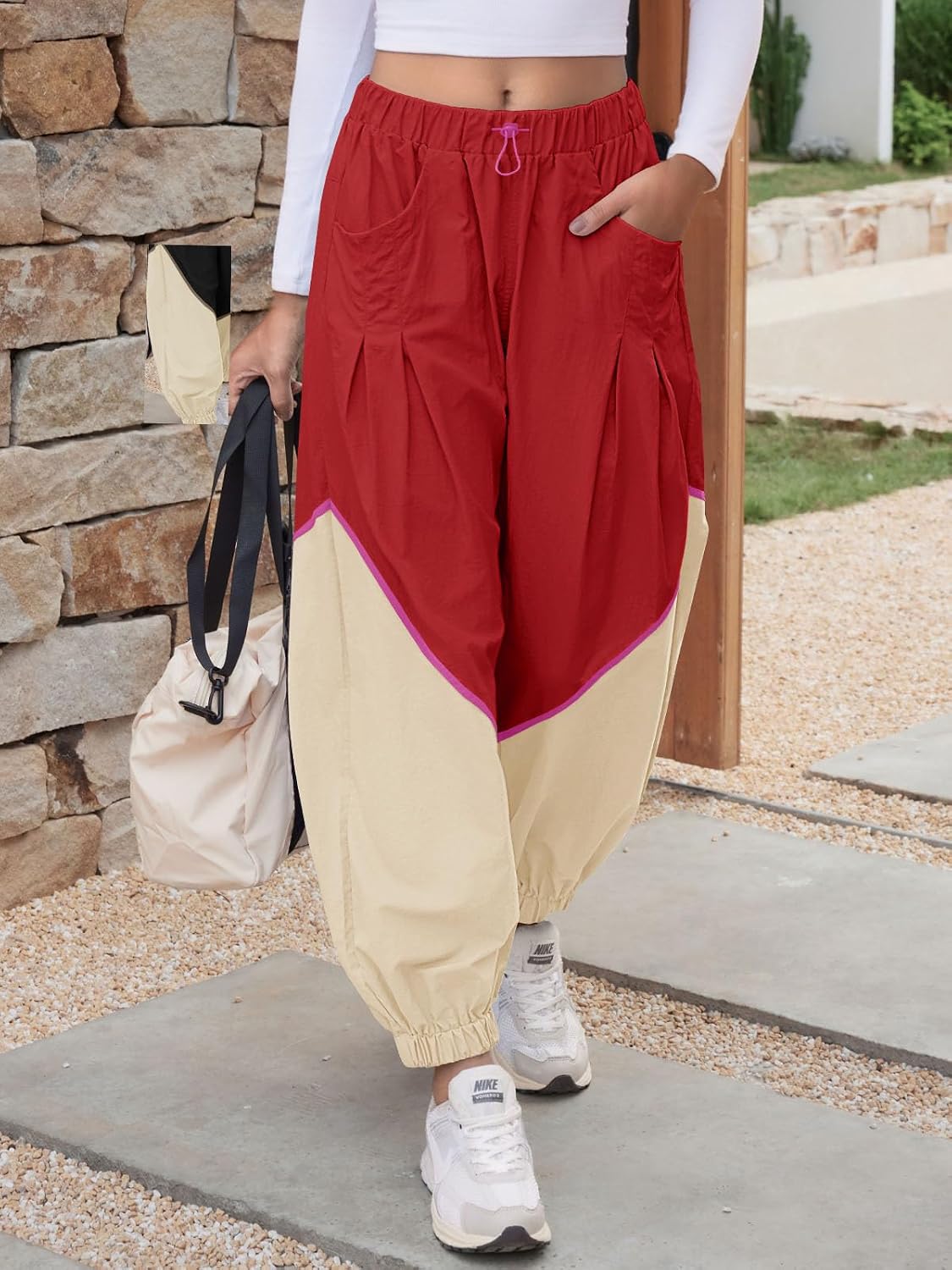 Fisoew Womens Baggy Wide Leg Pants Casual Elastic Waist Color Block Loose Workout Track Pants with Pockets