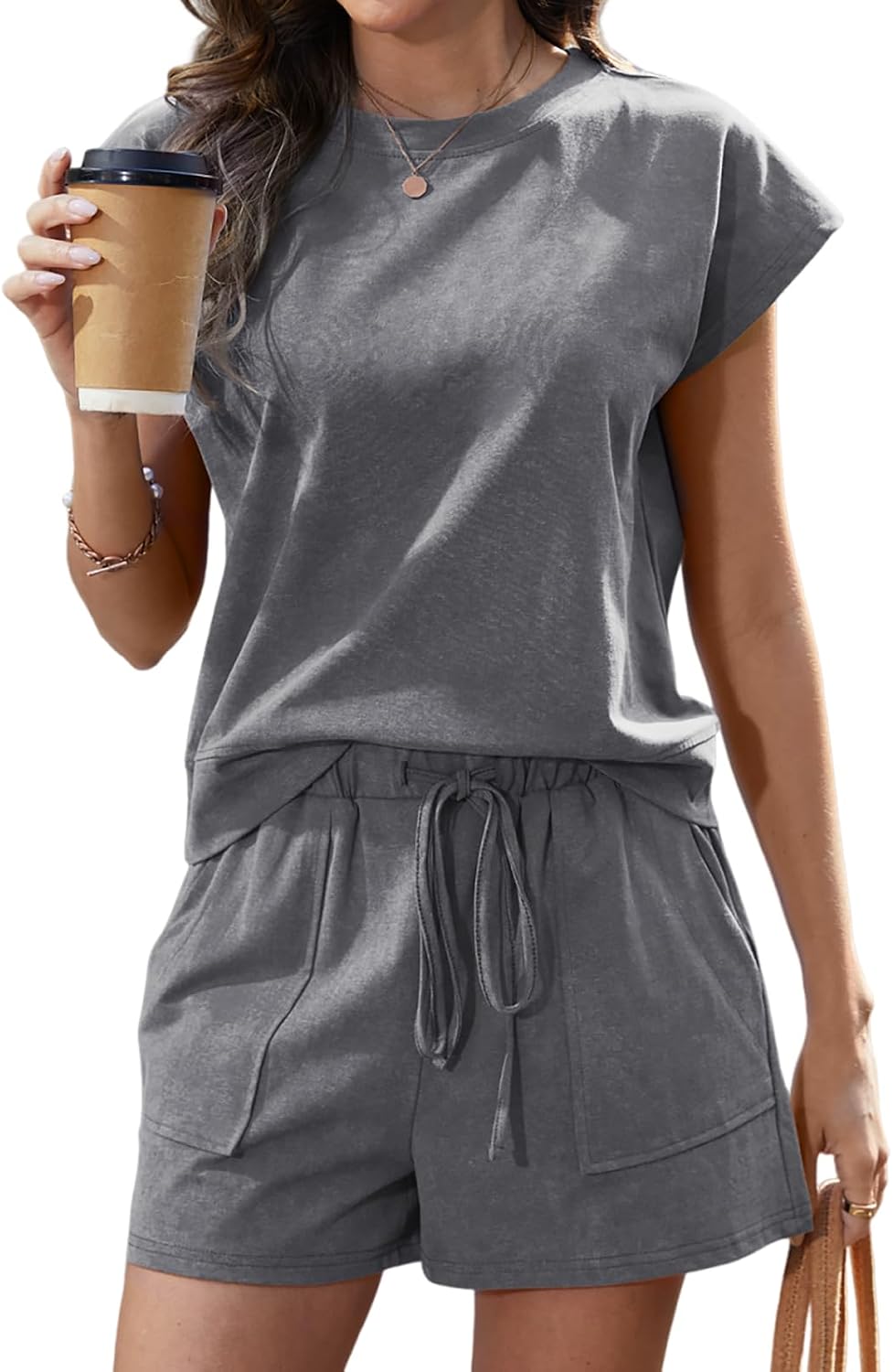 FULFIDREAM 2 Piece Sets for Women Summer Acid Wash Short Sets Crew Neck Top Shorts with Pockets Travel Vacation Outfit