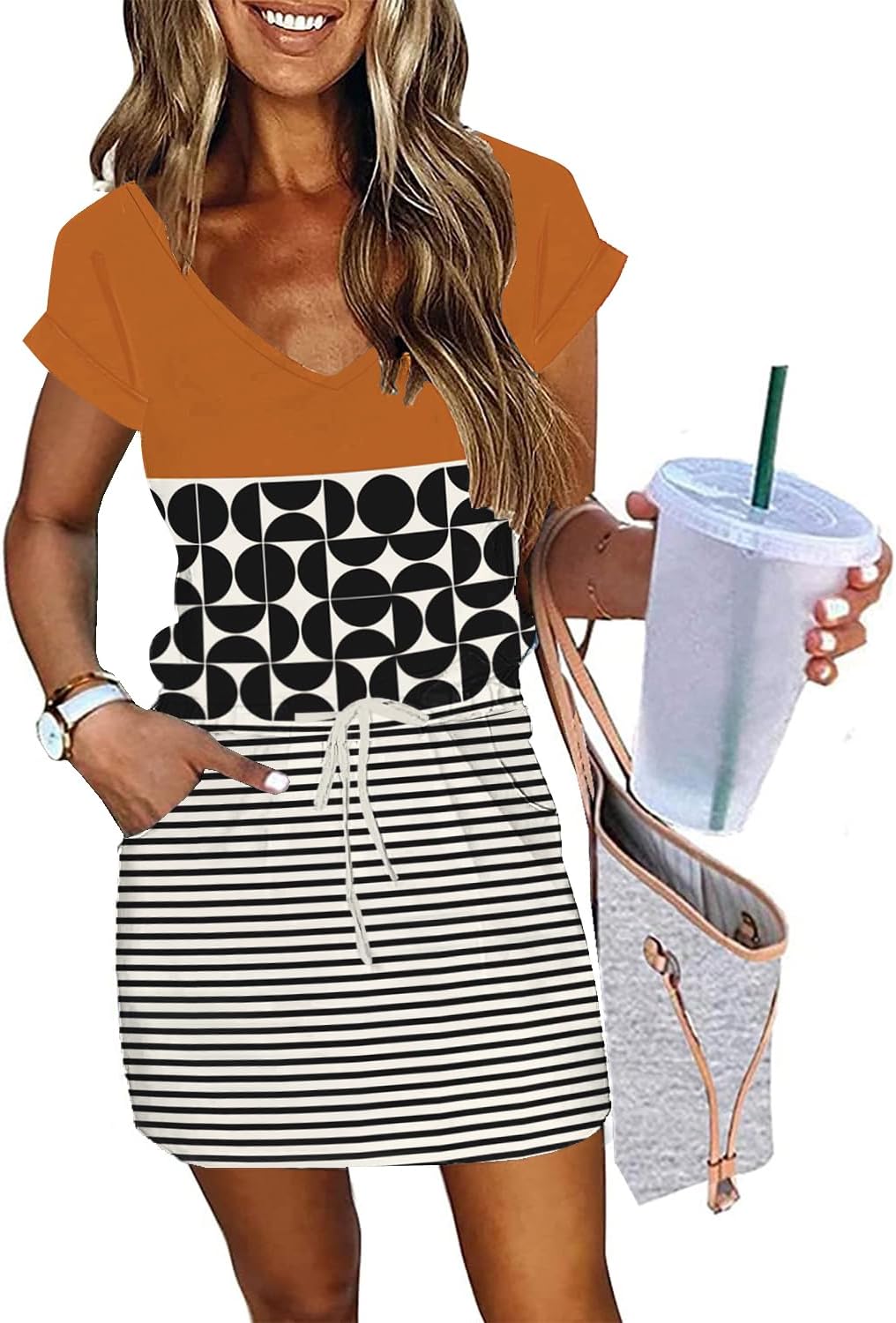 Womens Summer Dress Lantern Sleeve Square Neck Tie Front A-Line Double Layer Hem Mini Dresses
