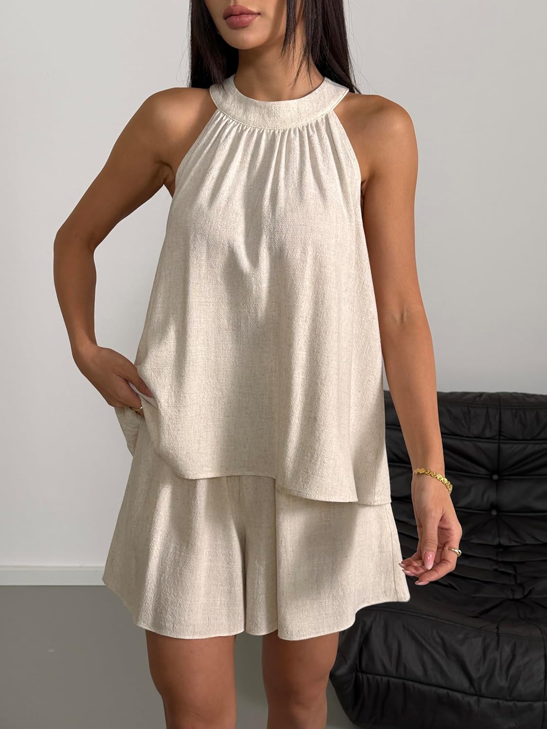 heipeiwa Women's 2 Piece Linen Outfits Summer Halter Neck Sleeveless Tops Casual Vacation Lounge Shorts Sets Tracksuits