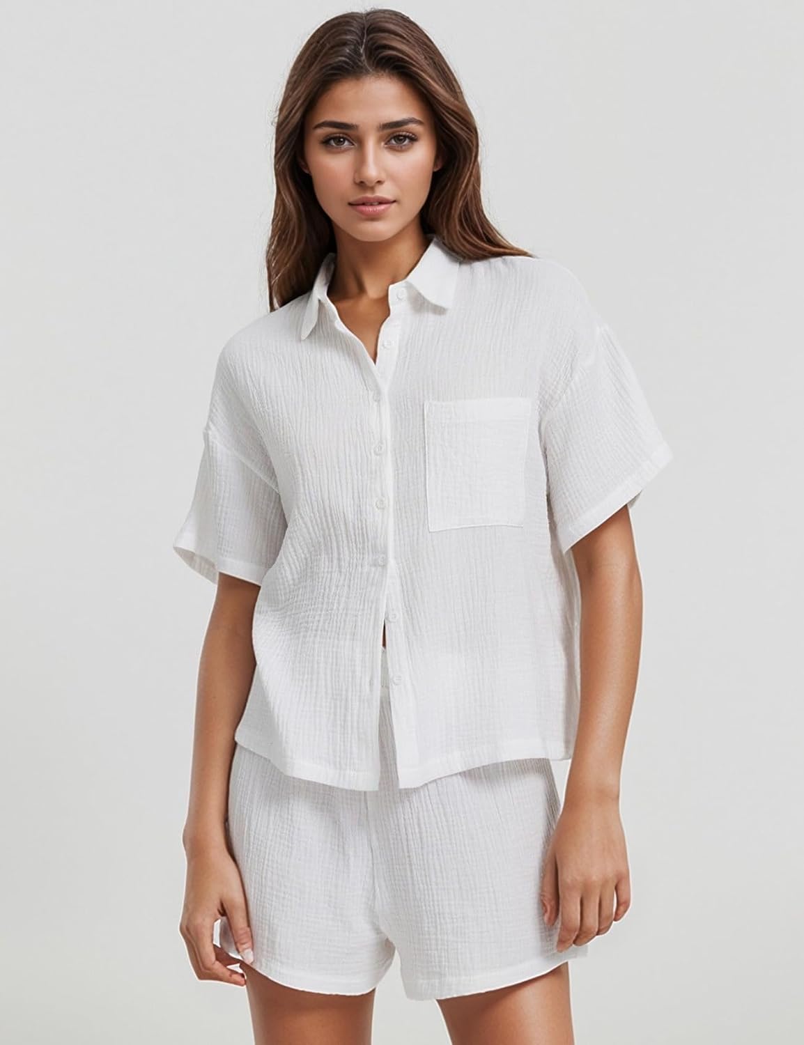 Flygo Women Casual 2 Piece Outfits Cotton Pajama Sets Loungewear Loose Button Down Shirt Shorts Gauze Set Beachwear