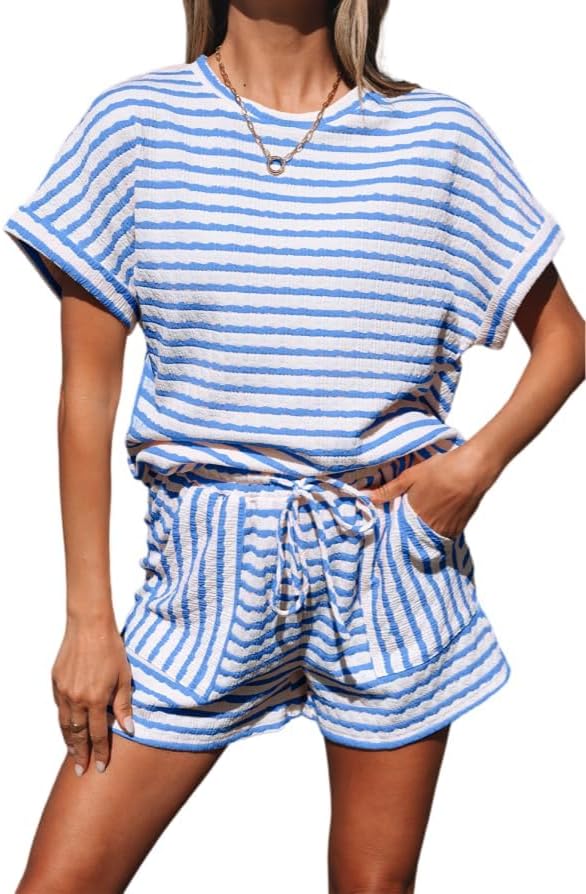Apvirdy Color Block Striped Set Women Knitted Short Sleeve Crewneck Top with Drawstring Shorts Loose 2 Piece Outfit Set