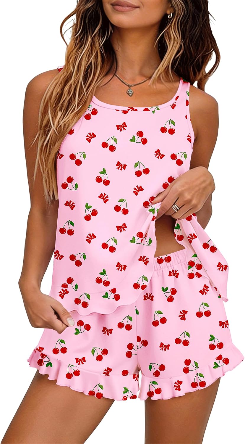 Ekouaer Womens Pajama Sets Ruffle Hem Tank Top and Shorts Set Sleeveless Cami Soft Sleepwear Summer 2 Piece Loungewear