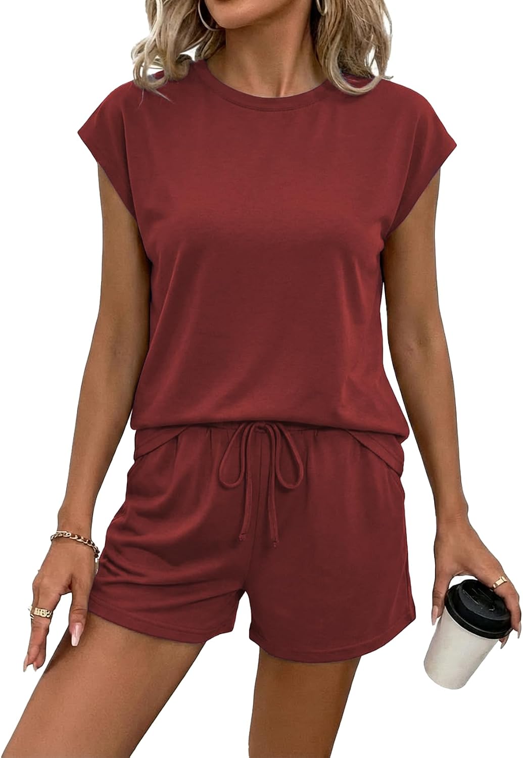 UpSpark Womens Short Sets Crew Neck Cap Sleeve Lounge Set Casual Summer Two Piece Outfit Loose Drawstring Shorts with Pockets