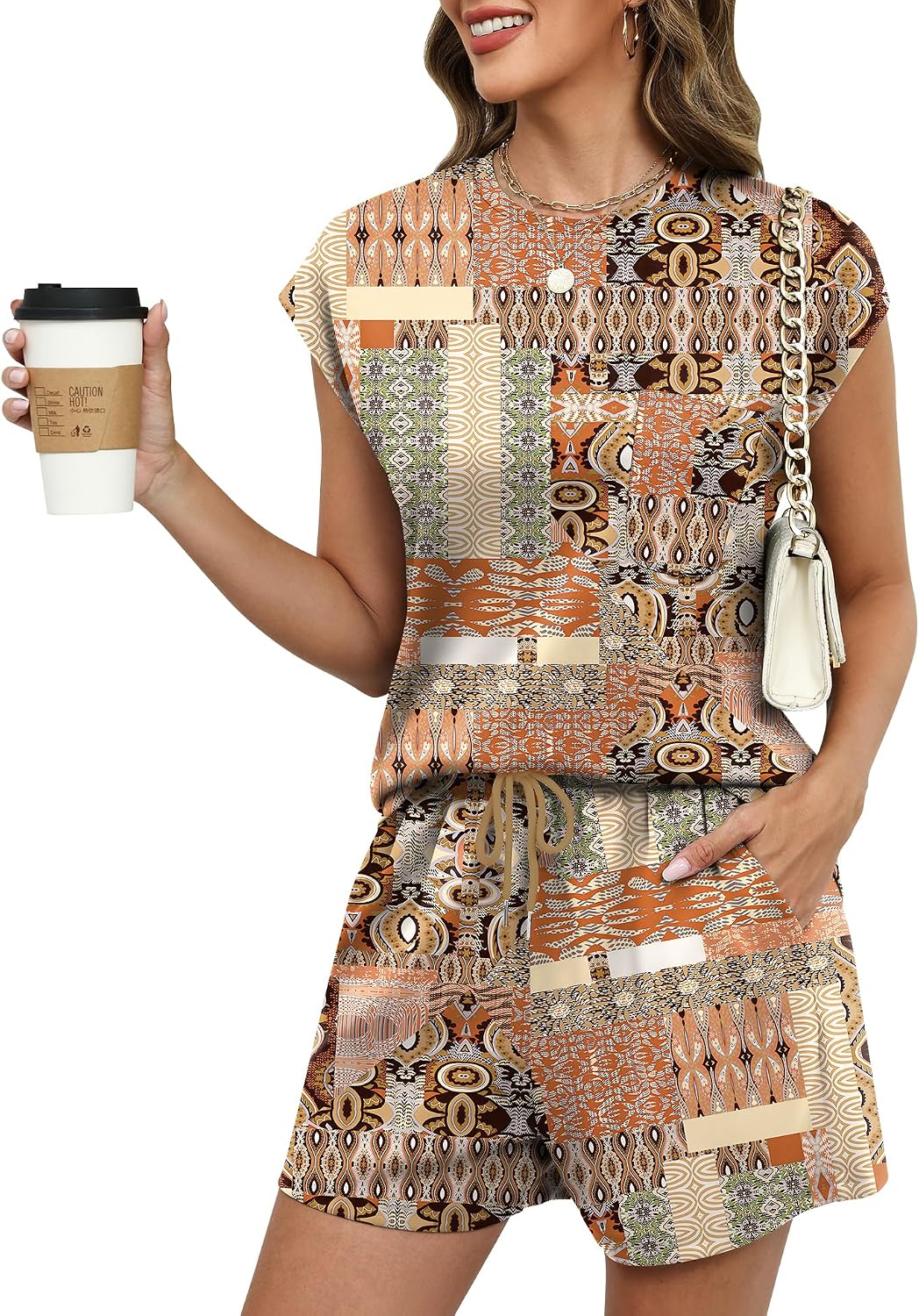 LOMON Two Piece Shorts Sets for Women Vacation Trendy Lounge Sets Crew Neck Matching Sets Cap Sleeve Airport Suits