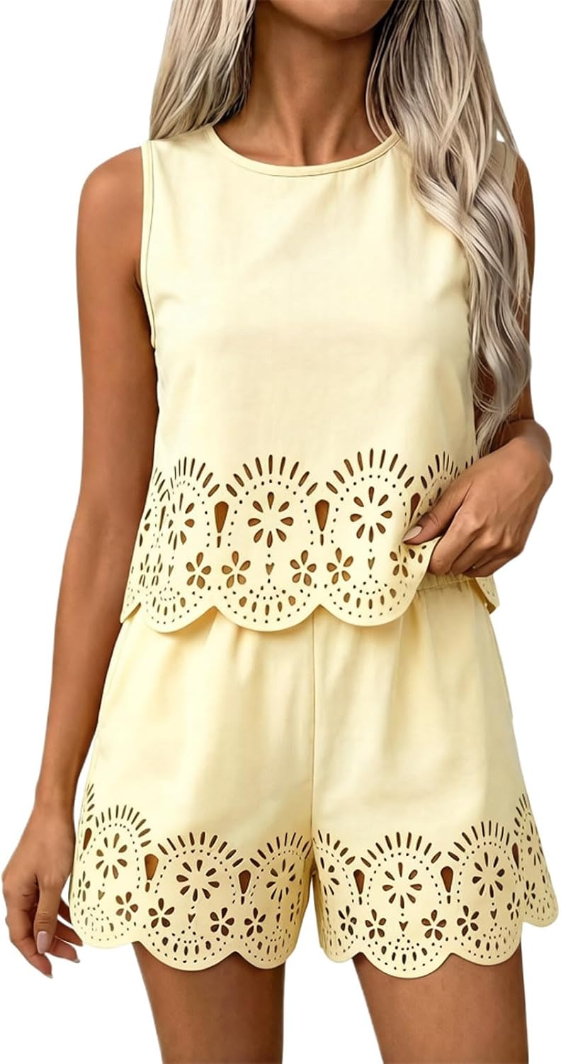 GOSEAGOTOFUN Casual Outfits for Women 2 Piece Sets Summer Short Sleeve Crew Neck Top And Shorts Fashion Hollow Out Sets 2026