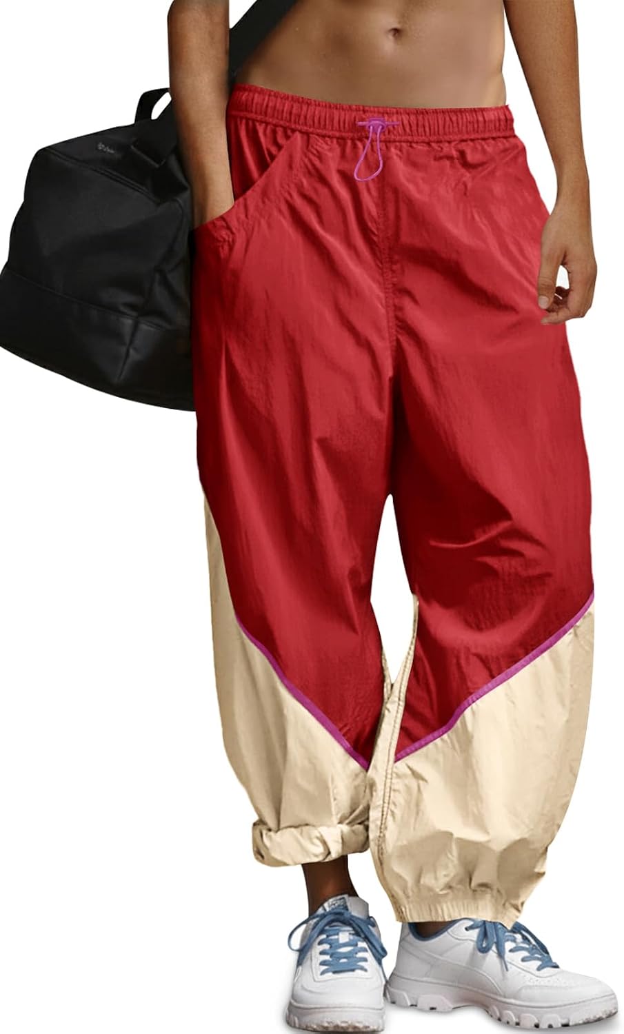 Fisoew Womens Baggy Wide Leg Pants Casual Elastic Waist Color Block Loose Workout Track Pants with Pockets