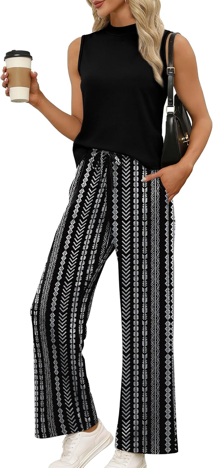 WIHOLL Two Piece Set for Women Summer Spring Outfits Cruise Travel Airport Beach Vacation Mock Neck Wide Leg Pants Set
