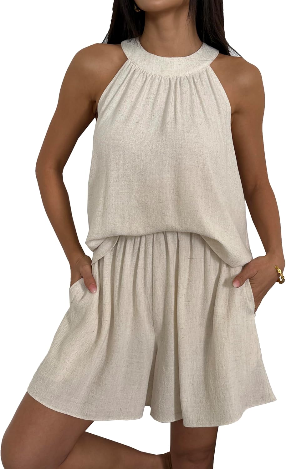 heipeiwa Women's 2 Piece Linen Outfits Summer Halter Neck Sleeveless Tops Casual Vacation Lounge Shorts Sets Tracksuits