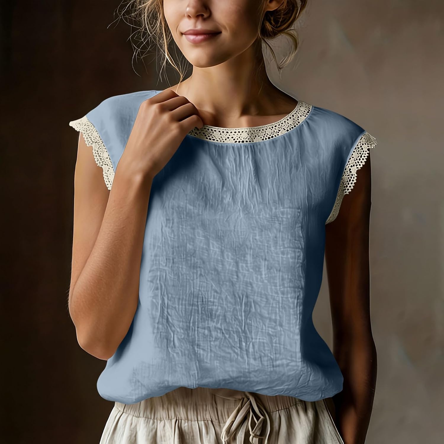 Cotton Linen Tank Tops for Women Summer Casual Sleeveless T Shirt Boho Lace Trim Shirts Vacation Outfits Cute Tanks