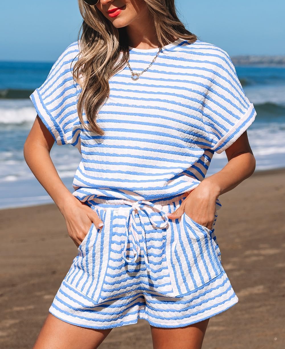 Apvirdy Color Block Striped Set Women Knitted Short Sleeve Crewneck Top with Drawstring Shorts Loose 2 Piece Outfit Set