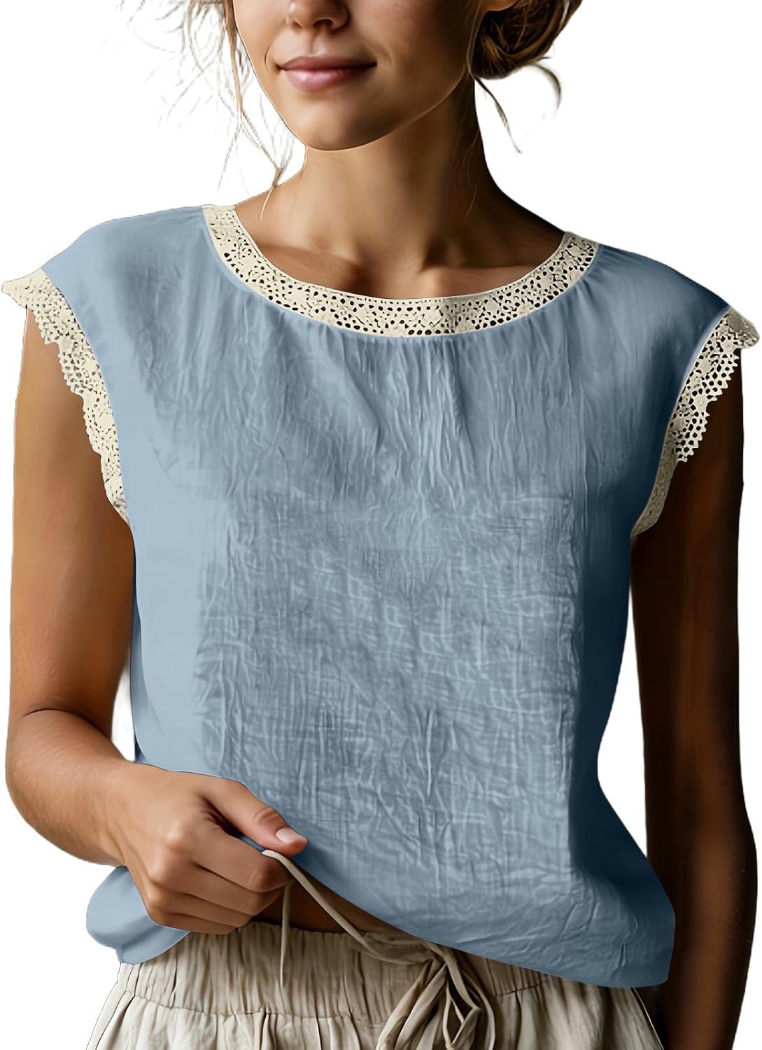 Cotton Linen Tank Tops for Women Summer Casual Sleeveless T Shirt Boho Lace Trim Shirts Vacation Outfits Cute Tanks