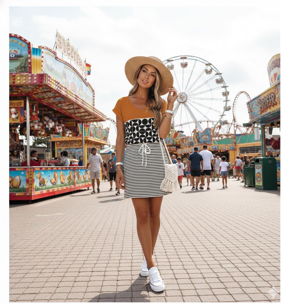 Womens Summer Dress Lantern Sleeve Square Neck Tie Front A-Line Double Layer Hem Mini Dresses